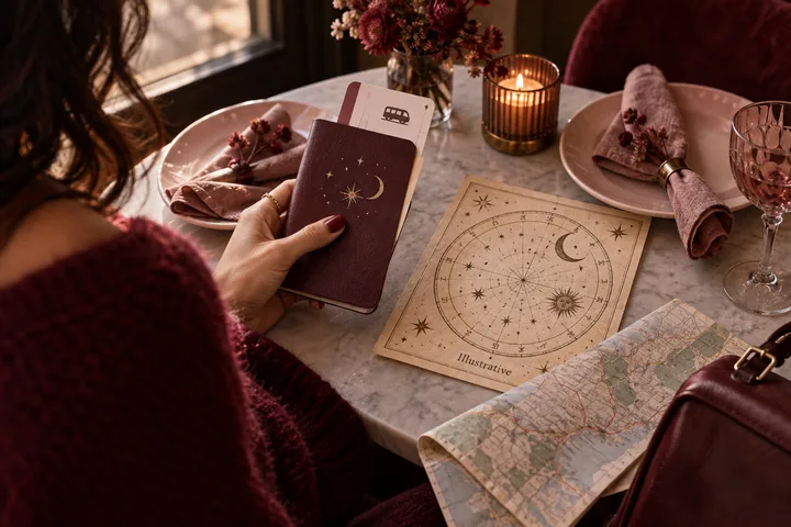Woman holding a burgundy moon-and-stars passport beside an illustrative astrology chart, a folded travel map, candle, and dinner table.