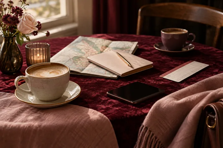 Travel planning still life with an open map, blank notebook and pen, train ticket, phone, coffee cups, and a burgundy tablecloth.