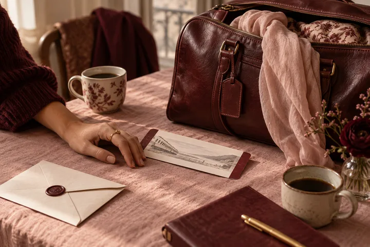 Open burgundy travel bag with a blush scarf, luggage tag, postcard, sealed letter, notebook, coffee, and a woman’s hand resting nearby.