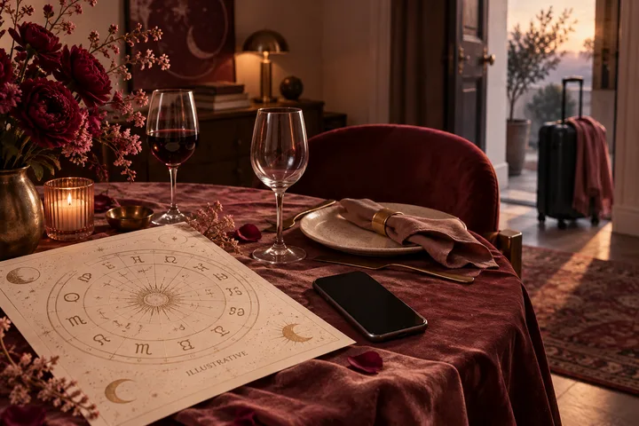 Burgundy dining table with an illustrative zodiac chart, phone, wine glasses, flowers, and a suitcase waiting by the doorway.