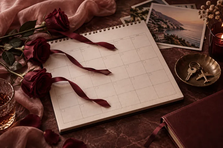 Open travel calendar surrounded by burgundy roses, keys, a ribbon, and coastal photographs, suggesting a visit that still needs dates.