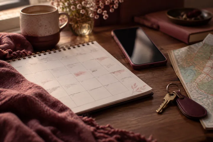 Blank calendar, phone, map, coffee, and house keys arranged on a warm wooden table for a conversation about travel and follow-through.