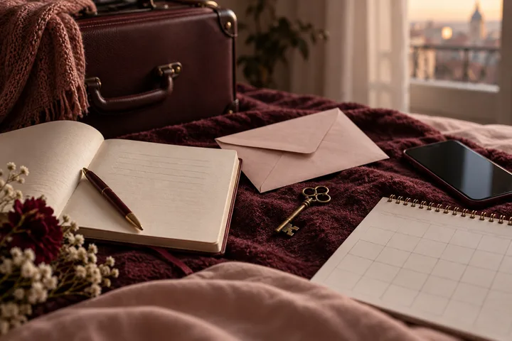 Open notebook and blank calendar beside a burgundy suitcase, sealed letter, pen, and key, framing a choice about whether to keep waiting.