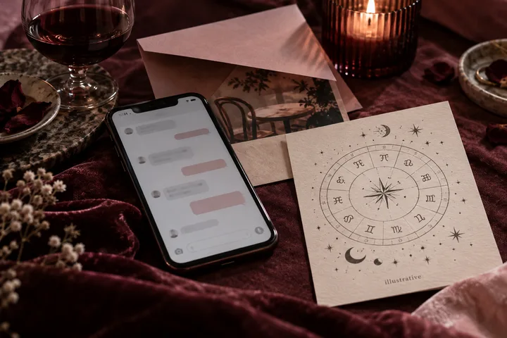 A smartphone with blurred message bubbles lies beside an open envelope and an illustrative astrological chart on burgundy fabric, with a wine glass, candle, flowers, and rose petals nearby.