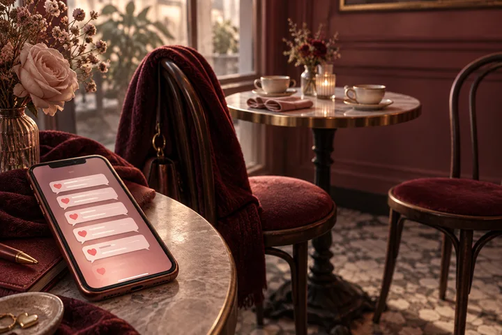 A smartphone displaying heart icons and message bubbles rests on a café table beside flowers, while two set chairs and a small table with cups sit in the background.
