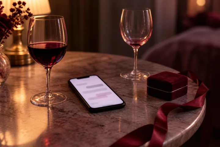 A phone with blurred message bubbles sits on a marble table between a glass of red wine and an empty wine glass, with a small red box and ribbon beside it.