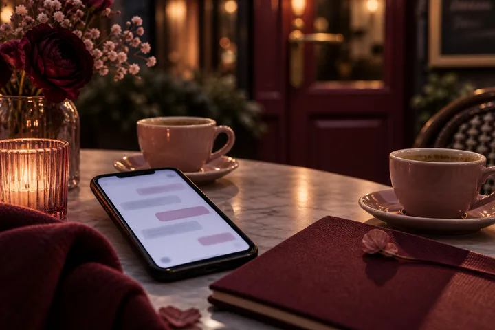 A smartphone with blurred message bubbles lies on a café table with two cups of coffee, a lit candle, flowers, and a closed burgundy notebook.
