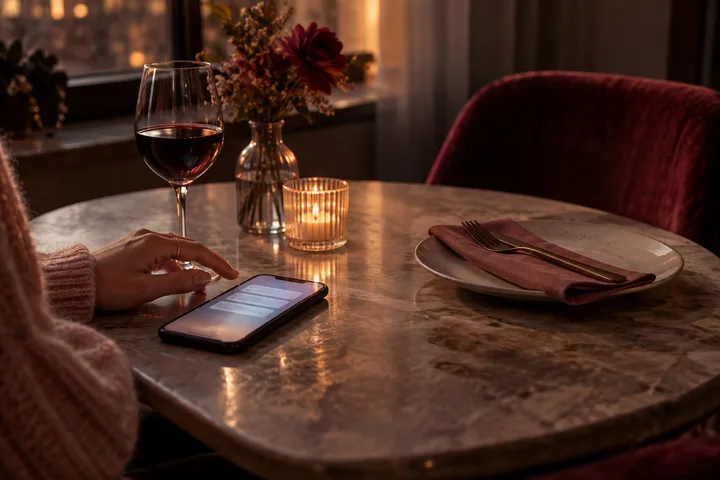 A hand reaches toward a smartphone with message bubbles on a set dining table with red wine, a lit candle, flowers, and a plate with fork and napkin.