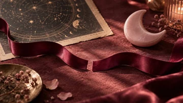 Burgundy satin ribbons stop just short of joining beside a blush crescent and an abstract star map, symbolizing intimacy without clear commitment.