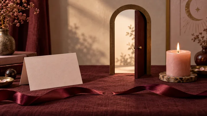 A blank blush card, an open doorway, and separated burgundy ribbons create a still life about taking the words not ready seriously.