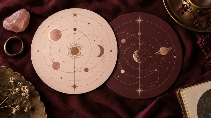 Two overlapping generic celestial diagram discs in blush and burgundy illustrate different layers of synastry rather than a calculated personal chart.