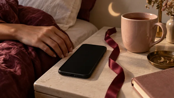 A hand rests beside a face-down phone separated by a burgundy ribbon, suggesting emotional regulation and choosing peace over compulsive checking.