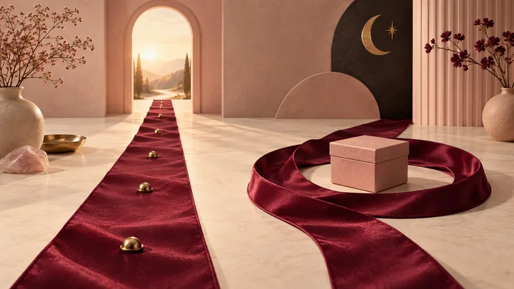 Two burgundy satin paths diverge: one continues toward a lit doorway while the other loops around a closed blush box, contrasting steady movement with a stalled pattern.