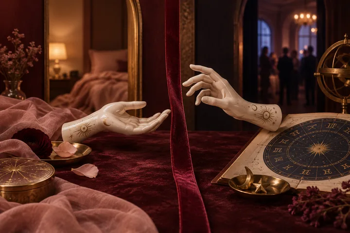 A velvet boundary divides a private bedroom from a public gathering beside decorative zodiac imagery.
