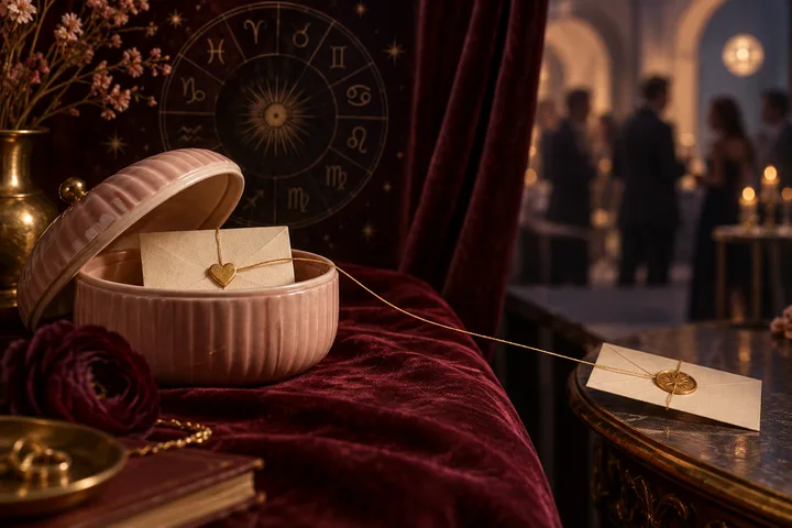 A private letter rests in a blush ceramic box while a gold thread pulls another toward a blurred social room.