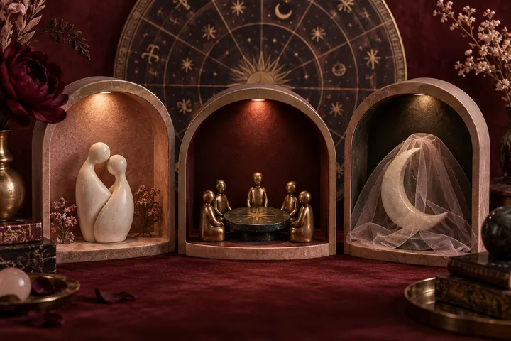 Three illuminated niches symbolize partnership, social groups, and the private hidden room in a synastry reading.