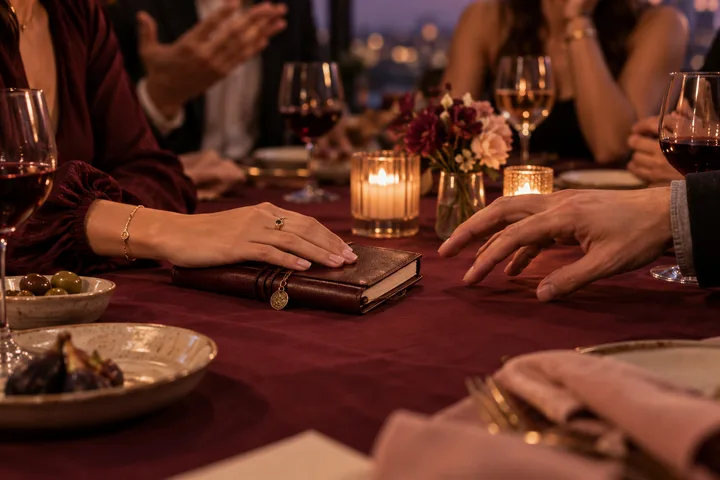 At a candlelit dinner, a woman protects a closed journal as another hand reaches toward it before a blurred audience.