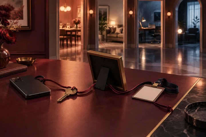 A turned-down phone, key, blank photo frame, and blank work badge are linked by velvet across several softly lit social rooms.
