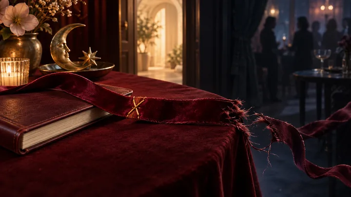 A gold-stitched velvet ribbon contrasts with a frayed ribbon trailing toward a blurred social room, symbolizing repair or repetition.