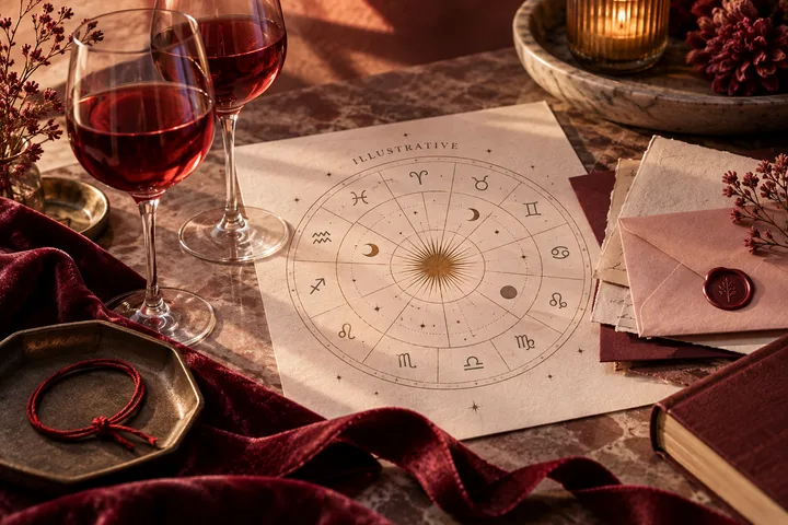 Two red wine glasses, a paper zodiac wheel marked illustrative, sealed pink and burgundy envelopes, candlelight, and burgundy velvet arranged on a table.