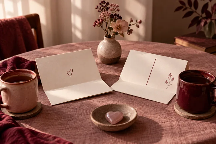 Two open cards, two separate coffee cups, a vase of flowers, and a rose-quartz heart sit across a mauve table, suggesting a conversation with room for each person's choice.