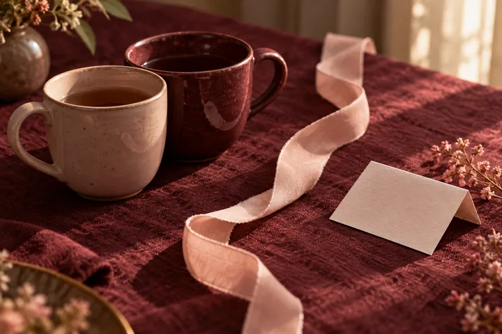 A cream mug and a burgundy mug sit apart on burgundy cloth while a pale ribbon curves toward a blank folded card, suggesting separate relationships and a boundary being named.