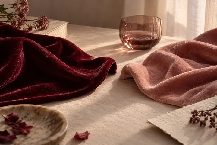 Burgundy velvet and blush fabric lie on opposite sides of a sunlit table with one rose-colored glass between them, showing closeness that preserves separation.