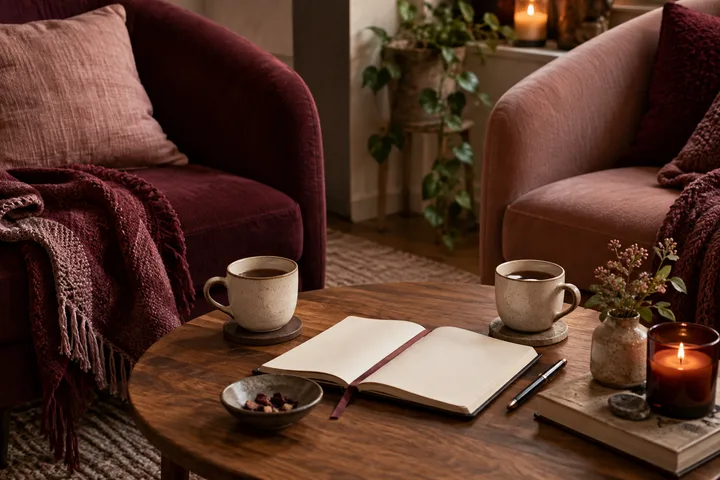 Two burgundy and blush armchairs face an open notebook, pen, coffee cups, flowers, and a candle on a round table, ready for a direct relationship conversation.