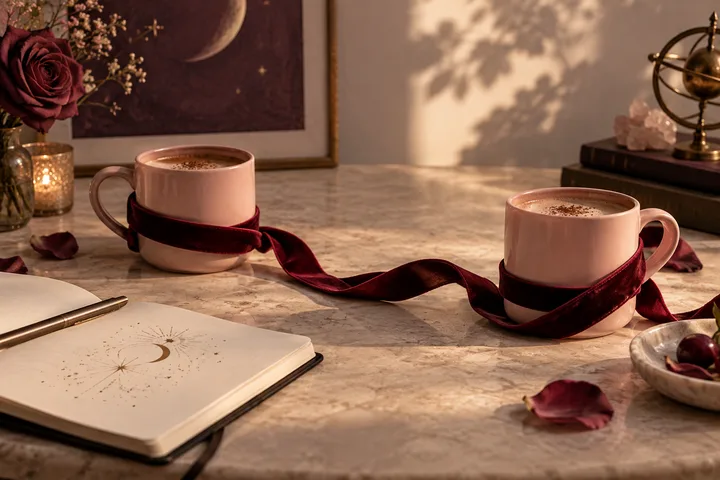Two blush cups loosely connected by a burgundy velvet ribbon beside an illustrative celestial notebook