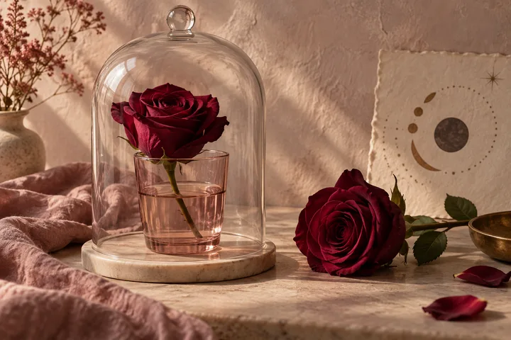 A free burgundy rose beside a rose protected under a transparent glass dome