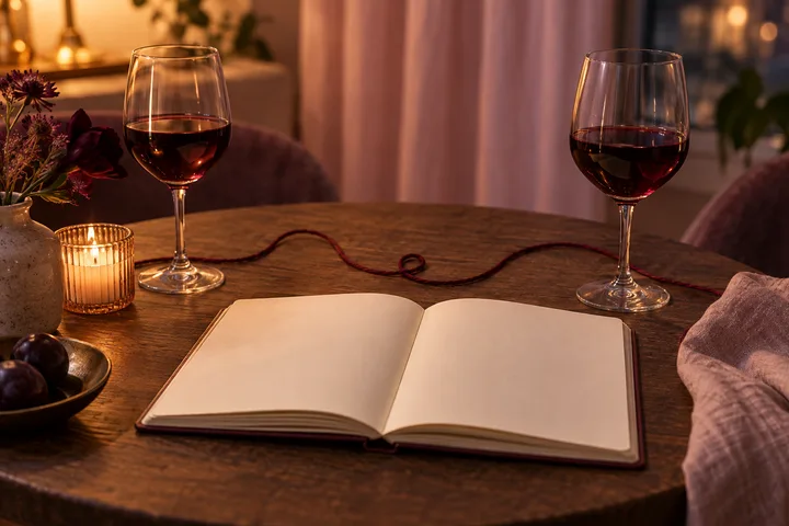 Two wine glasses and a blank notebook connected by a loose burgundy thread