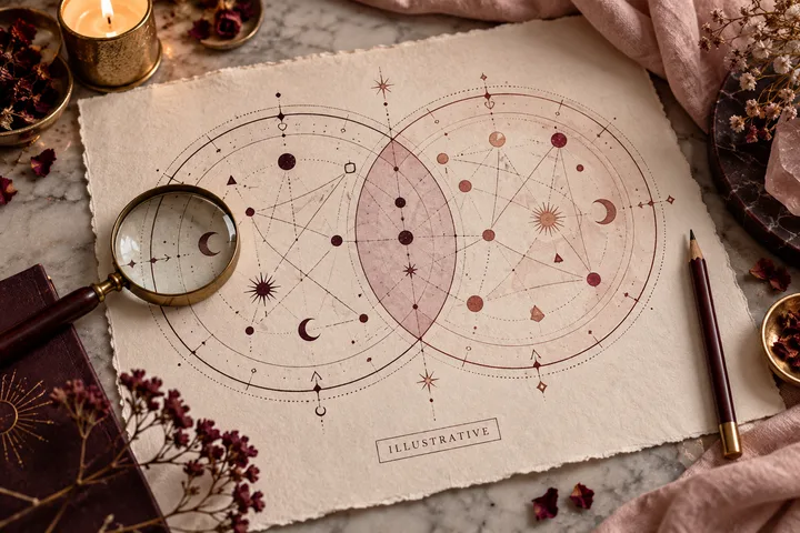 An illustrative synastry-style overlap of two abstract circular charts on deckled paper