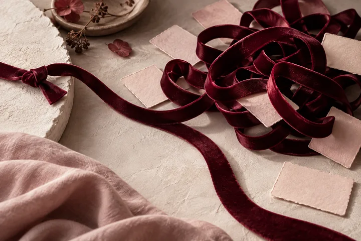 A burgundy velvet ribbon moving from a small knot into a tangled mass beside blank blush paper