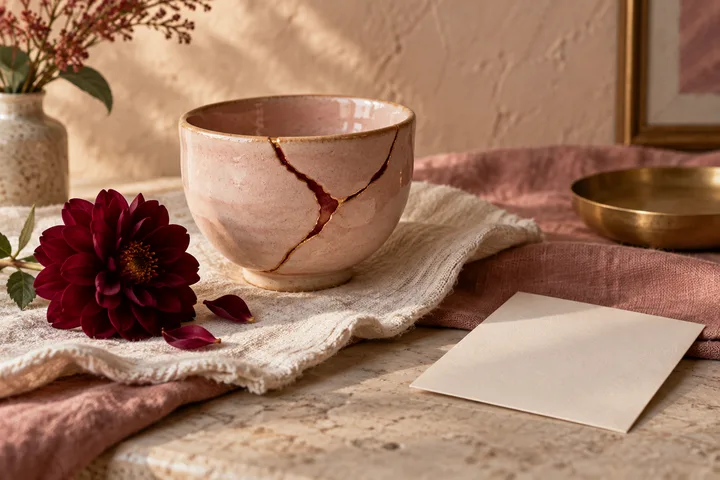A repaired blush ceramic cup with a burgundy-gold seam beside a flower and blank card