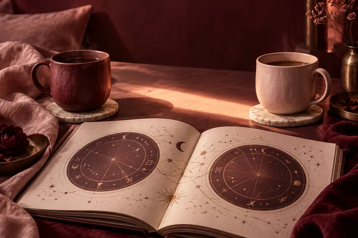 Two cups sit apart across an open illustrative synastry chart, joined by a warm path of light in a burgundy and blush still life.