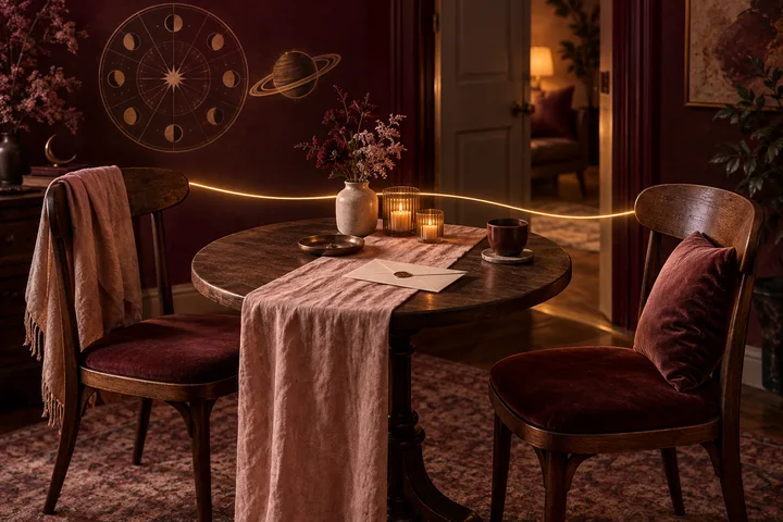 Two burgundy chairs face each other across a candlelit table, connected by a warm line of light beside a decorative illustrative astrological wheel.