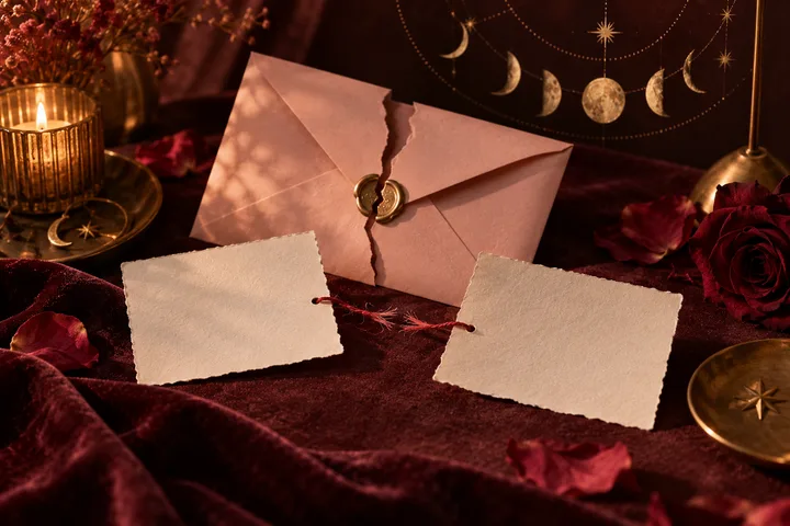 A torn pink envelope with a broken gold seal sits beside two blank cards tied with red thread on burgundy fabric, with roses, a candle, and moon phases in the background.