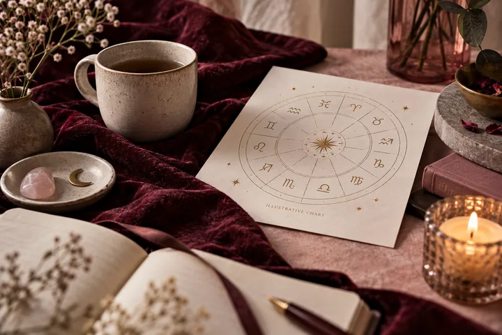 A ceramic cup, an open book, a lit candle, and an illustrative zodiac chart arranged on burgundy and blush fabrics.