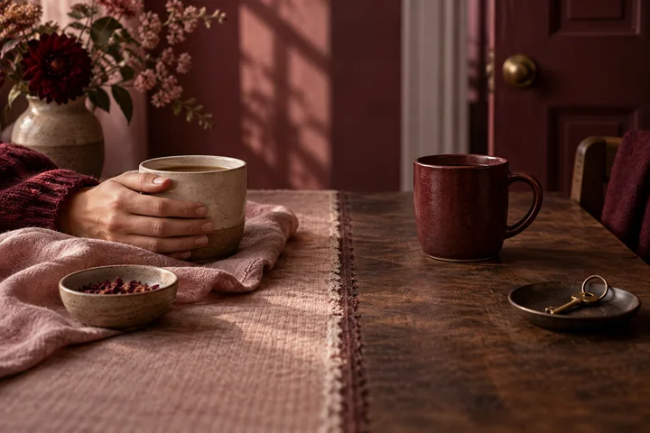 A hand holds a ceramic cup on the left side of a table, while another cup and a key on a dish sit on the right.
