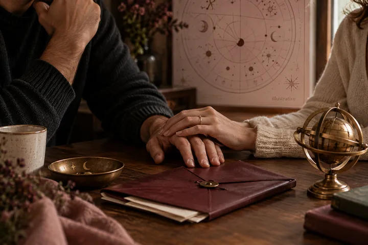 Two people sit at a table beneath an illustrative astrology chart, with a burgundy journal between them.