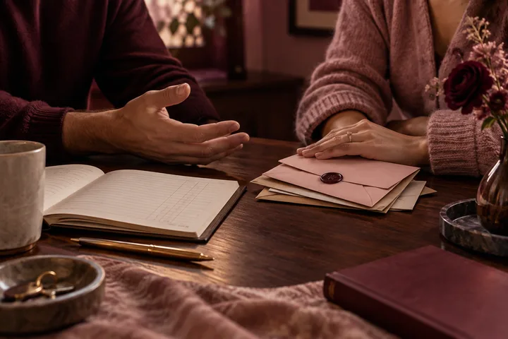An open ledger, sealed envelope, and separate wallet sit beside an empty chair.