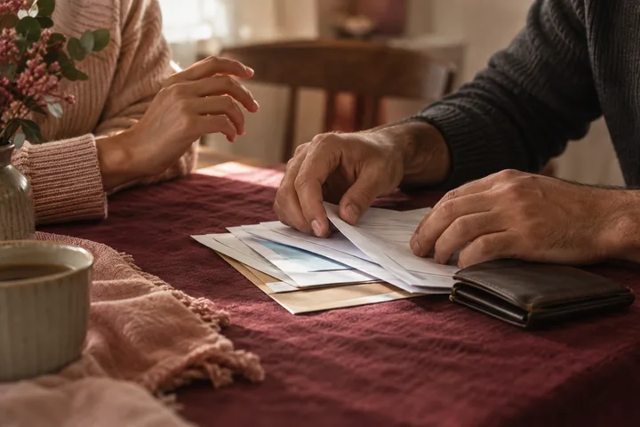 Hands sort envelopes and papers across a burgundy table while a wallet rests nearby.