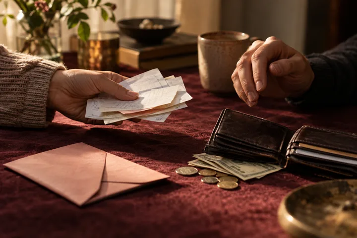Hands exchange papers beside open wallets, cash, coins, and envelopes.