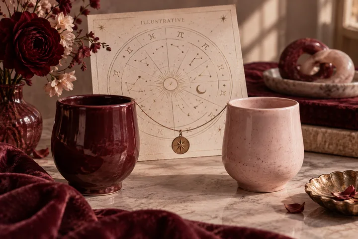 Two cups and a star chart with an illustrative zodiac wheel, flowers, and a pendant on a burgundy and blush table