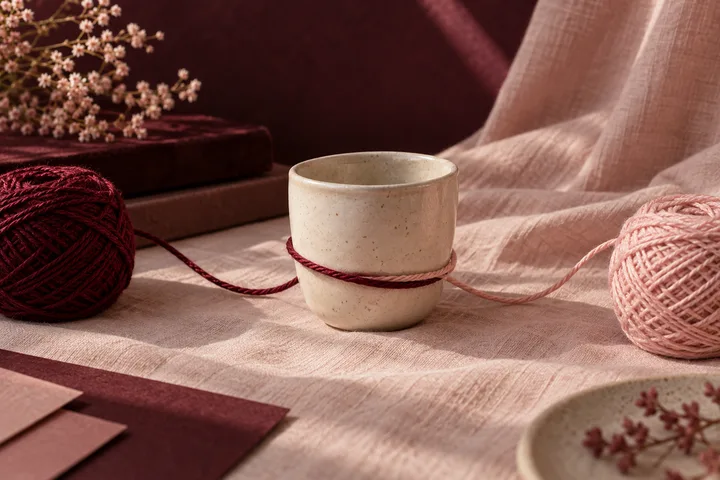 A ceramic cup wrapped with burgundy and blush yarn between two balls of yarn on a softly draped table