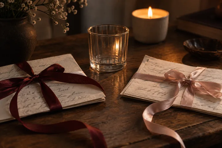 Two ribbon-tied handwritten cards beside a glass and a candle on a dark wooden table