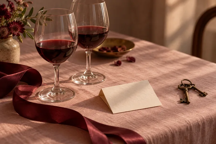 Two wine glasses, a blank card, and old keys arranged with burgundy ribbon on a blush table