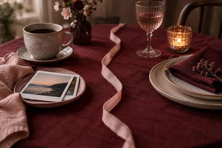 A burgundy table set with coffee, wine, a candle, flowers, folded napkins, and printed photographs