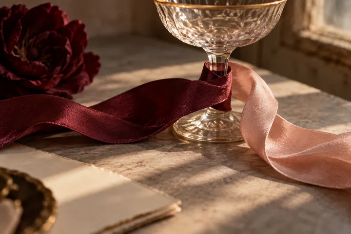 A wine glass wrapped with burgundy and blush ribbons beside a flower and an open notebook