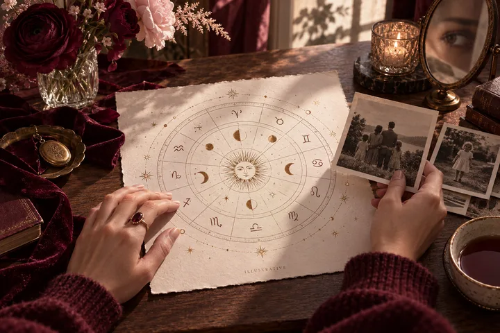 Loose family photographs rest beside an illustrative astrological chart and a round pendant, with the burgundy still life suggesting private roots and a question of access.